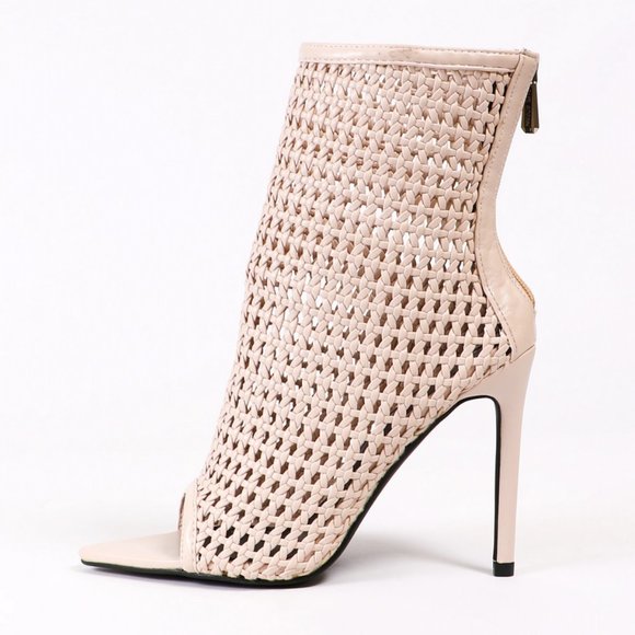 Weaved Pointy Peep Toe Caged Booties in Nude - Picture 3 of 5